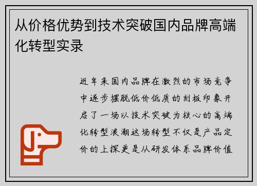 从价格优势到技术突破国内品牌高端化转型实录