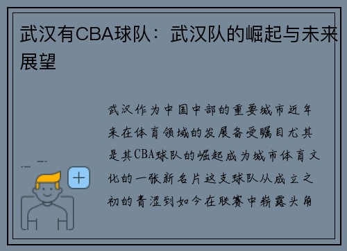 武汉有CBA球队：武汉队的崛起与未来展望